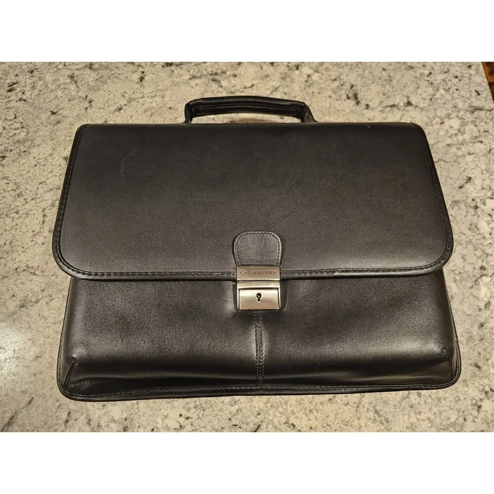 Samsonite Black Briefcase/Document Case Lock Zip Top Handle Organizer Leather
